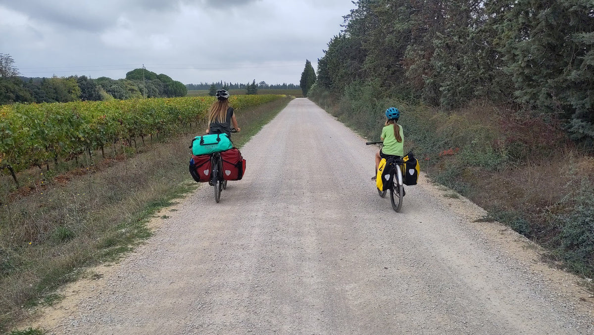 Family cycling in the vineyards