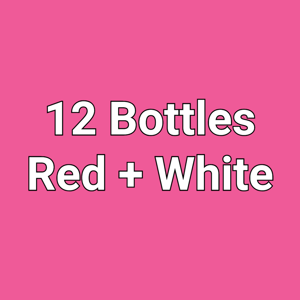 Text '12 Bottles Red + White' on a pink background