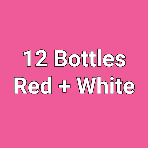 Text '12 Bottles Red + White' on a pink background