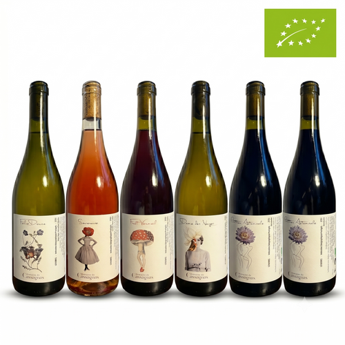 Six bottles of wine with decorative labels on a white background, featuring an organic logo.