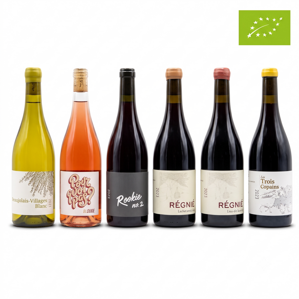 Six wine bottles arranged in a row on a white background, including a green organic certification logo in the top right corner. The bottles include white, rosé, and dark red wines with various labels.