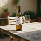Wine bottle and glass on a wooden table outdoors with plants in the background