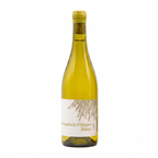 A bottle of Beaujolais-Villages Blanc white wine with a pale yellow-green liquid, a cream-colored label with botanical line art, and a gold foil cap, set against a plain white background.