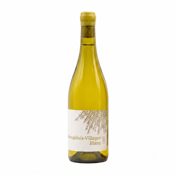 A bottle of Beaujolais-Villages Blanc white wine with a pale yellow-green liquid, a cream-colored label with botanical line art, and a gold foil cap, set against a plain white background.