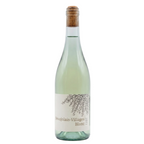 A bottle of Beaujolais-Villages Blanc white wine with a light green glass body, a cork stopper, and a cream-colored label featuring a botanical illustration.