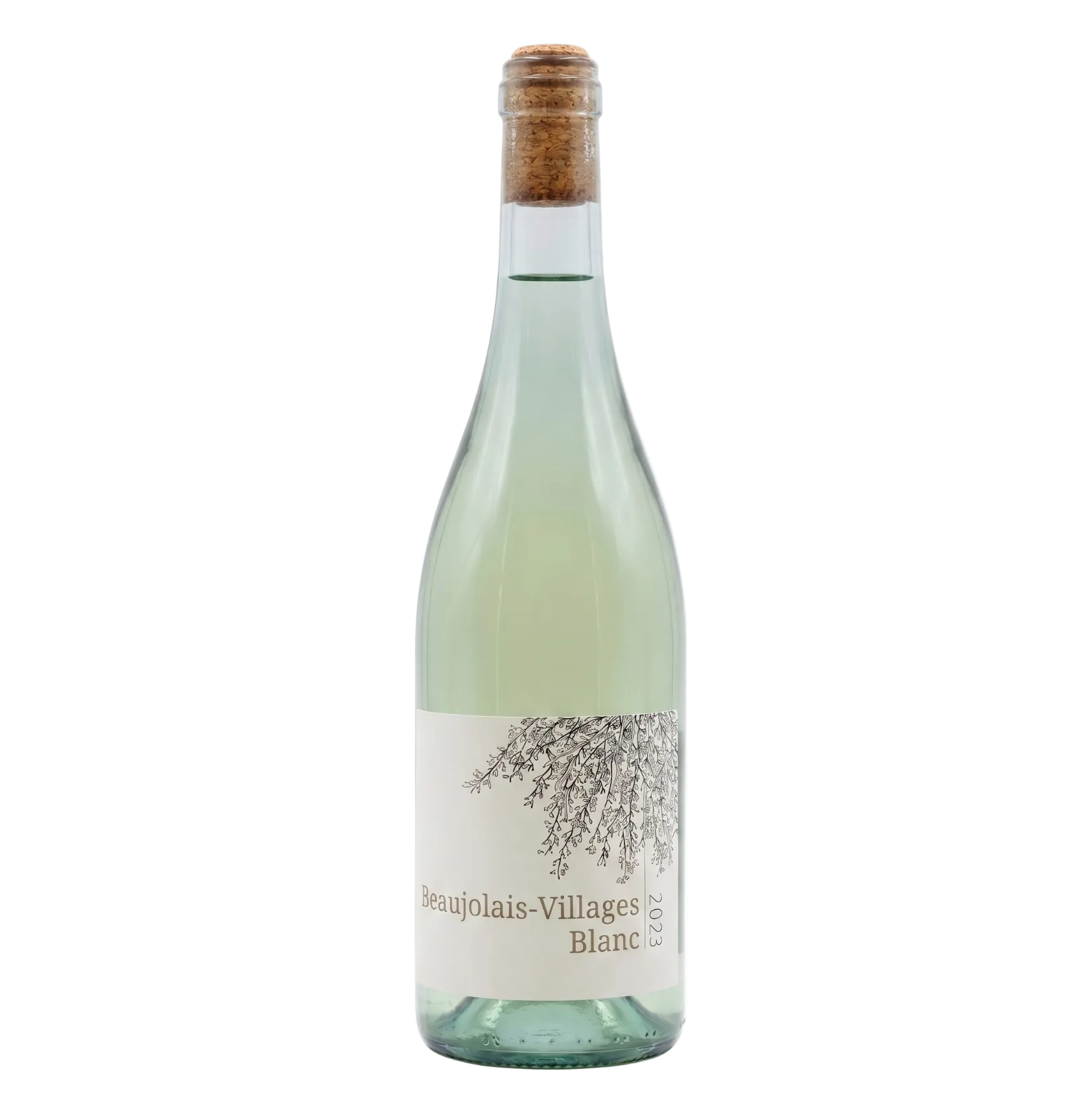 A bottle of Beaujolais-Villages Blanc white wine with a light green glass body, a cork stopper, and a cream-colored label featuring a botanical illustration.