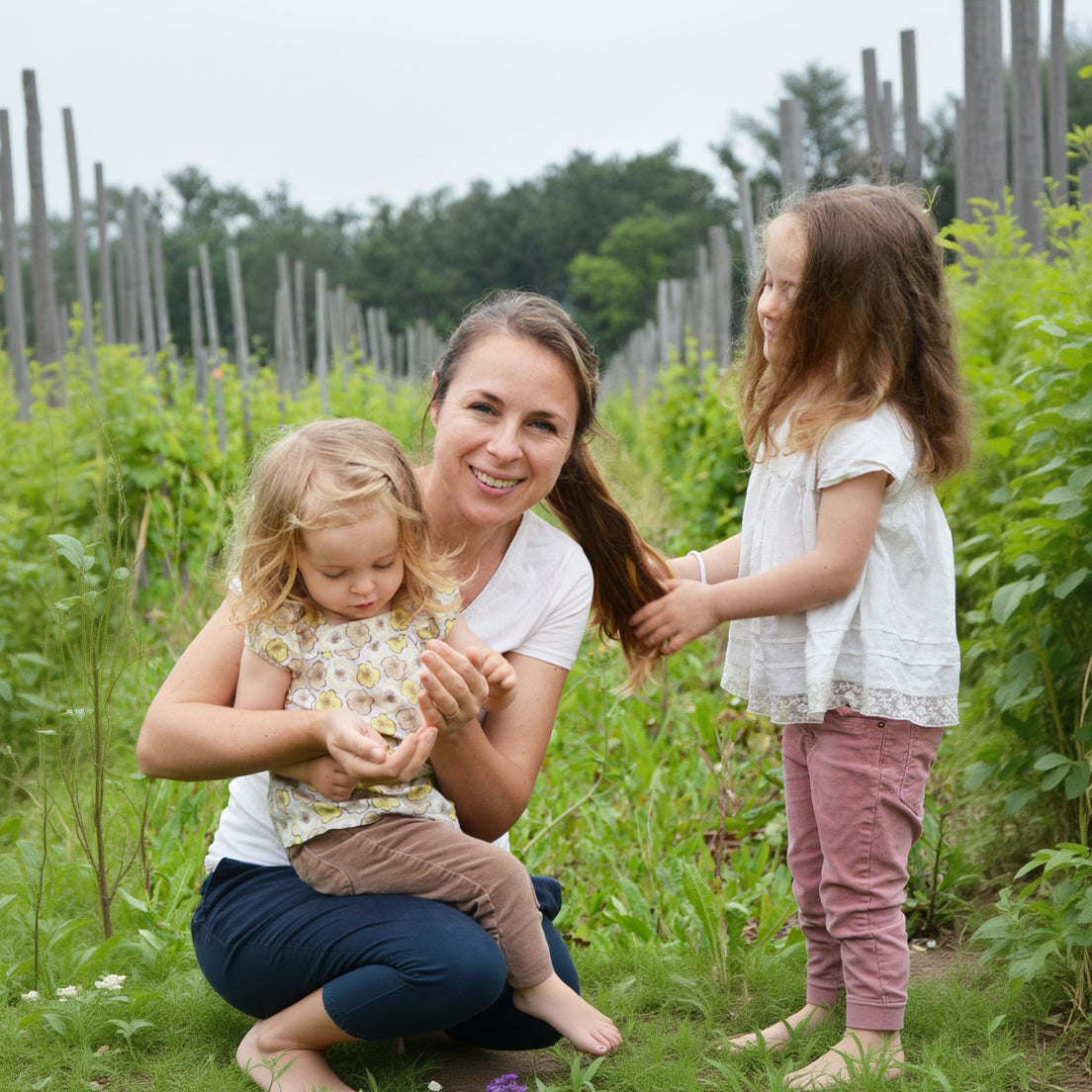 Winemaker Katya de Cazenove and her two young daughters in domaine de Cassagnas