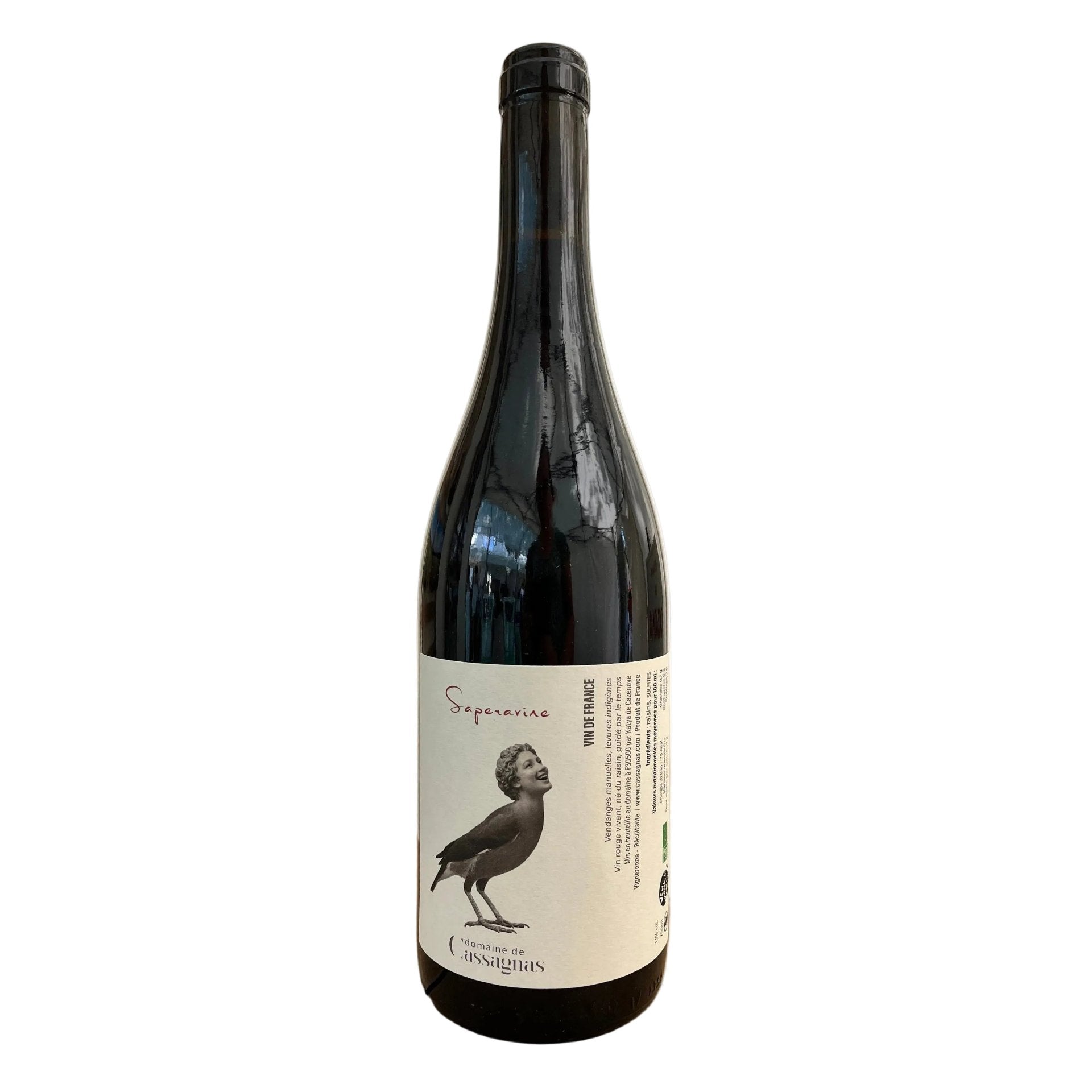 A dark glass wine bottle with a white label featuring a black bird illustration and the text 'Sapere sine' and 'Cuvier Brothers', standing on a cardboard box against a beige tent backdrop.