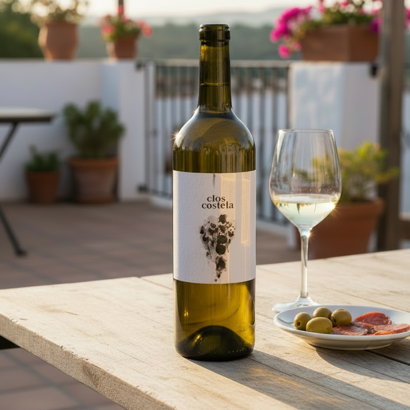 Wine bottle with 'clos costela' label on a white background