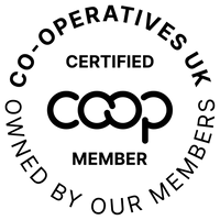 A circular black-and-white certification badge reading 'CERTIFIED CO-OPERATIVES UK' and 'OWNED BY OUR MEMBERS,' with a large 'COOP MEMBER' mark in the center.