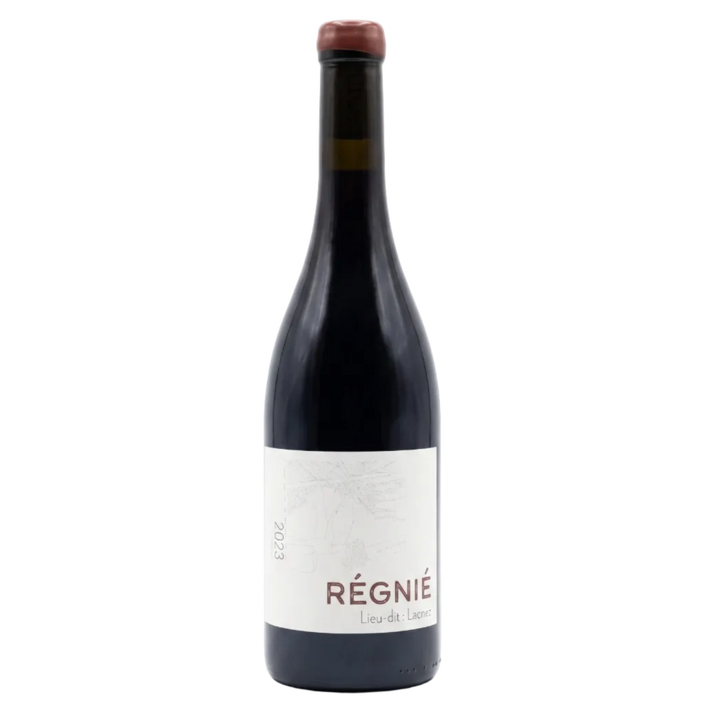 A bottle of Régnié Liev-elle-Sancerre red wine, featuring a dark glass bottle with a white label and a reddish-brown wax seal on the cork, set against a plain white background.