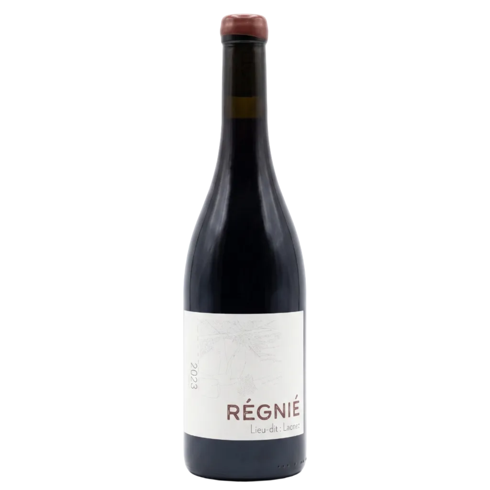 A bottle of Régnié Liev-elle-Sancerre red wine, featuring a dark glass bottle with a white label and a reddish-brown wax seal on the cork, set against a plain white background.