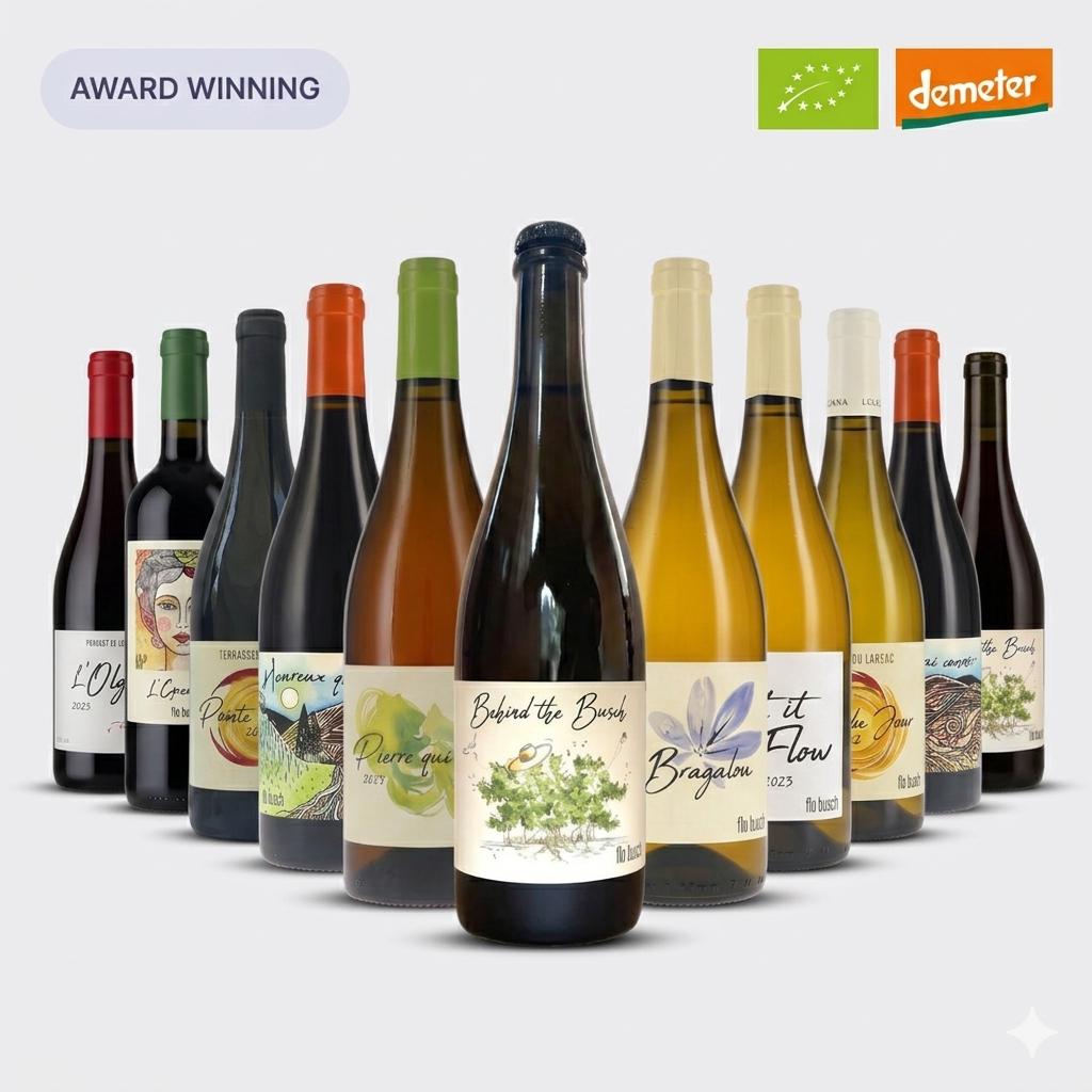 Row of wine bottles with various labels on a white background, featuring Demeter certification logo.