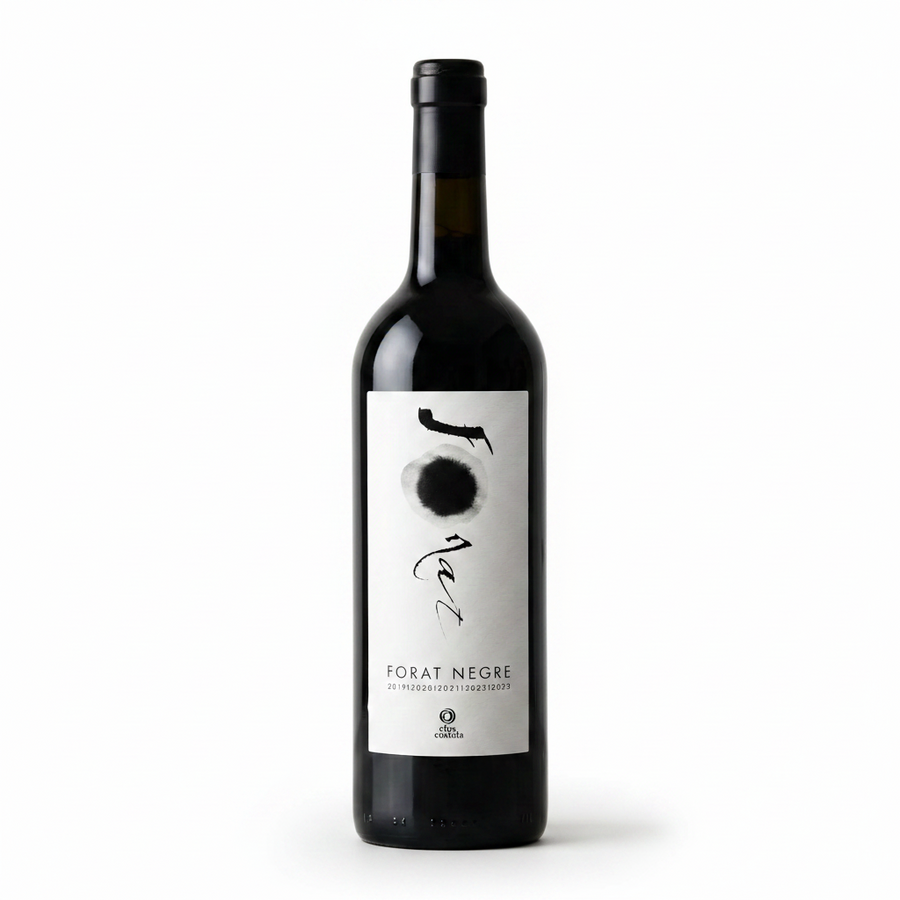 Forat Negre Wine bottle with a white label on a light gray background
