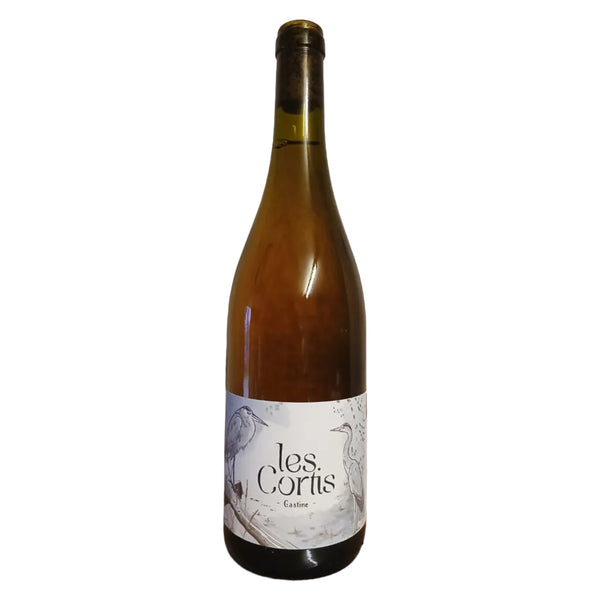 Gastine Wine bottle with 'les Cortis' label on a textured surface