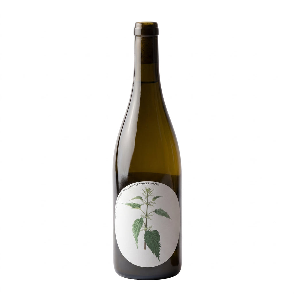 A dark green glass bottle with a white oval label featuring a green botanical illustration of a stinging nettle plant, set against a plain white background.