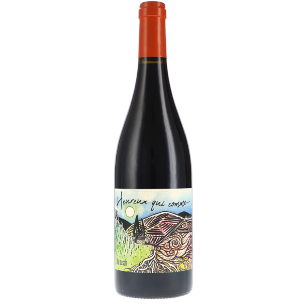 Wine bottle with a colorful label on a white background