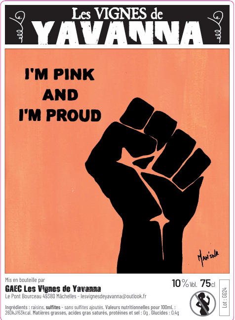 Label of I'm Pink and I'm Proud 2024, chilled red Grolleau Gris by Les Vignes de Yavanna, Anjou