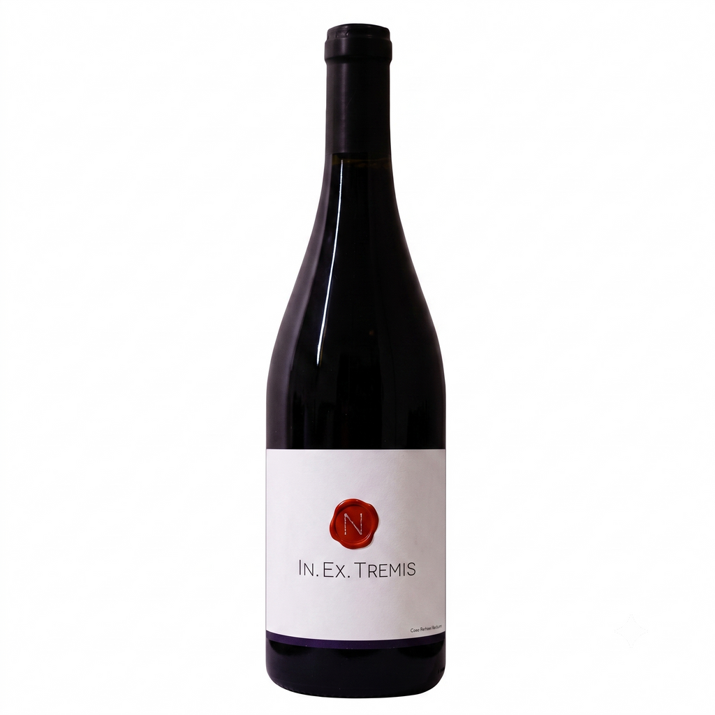 A dark glass wine bottle with a white label featuring a red circular logo with a white 'N' and the text 'IN.EX. TREMIS'.