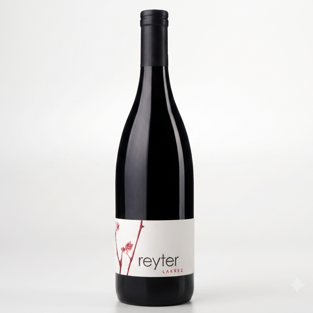 A bottle of Reyter Lakrez from the Loire Valley, featuring a dark glass body, black foil, and a white label with red floral accents, set against a clean white background.