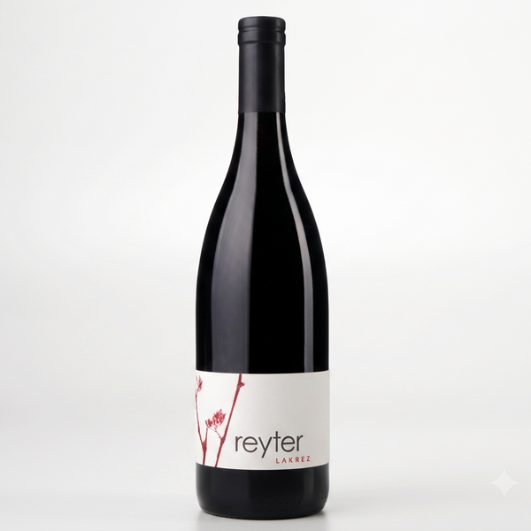A bottle of Reyter Lakrez from the Loire Valley, featuring a dark glass body, black foil, and a white label with red floral accents, set against a clean white background.