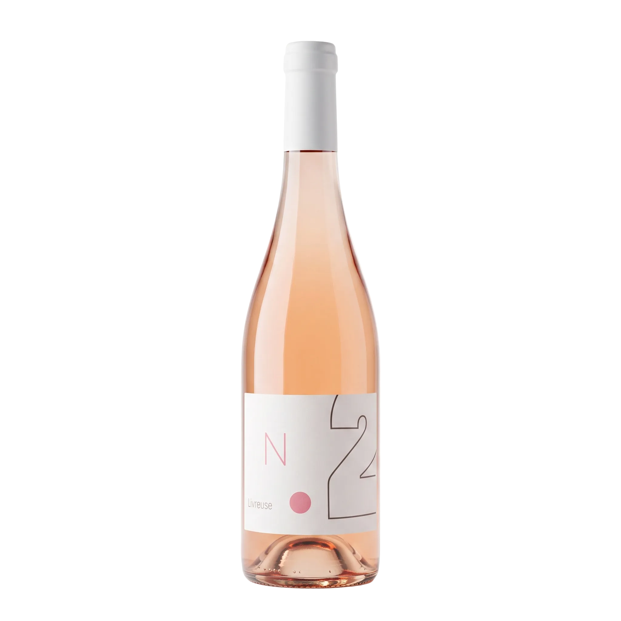 A bottle of rosé wine with a white label featuring a minimalist pink and black graphic design, set against a clean, light gray background.