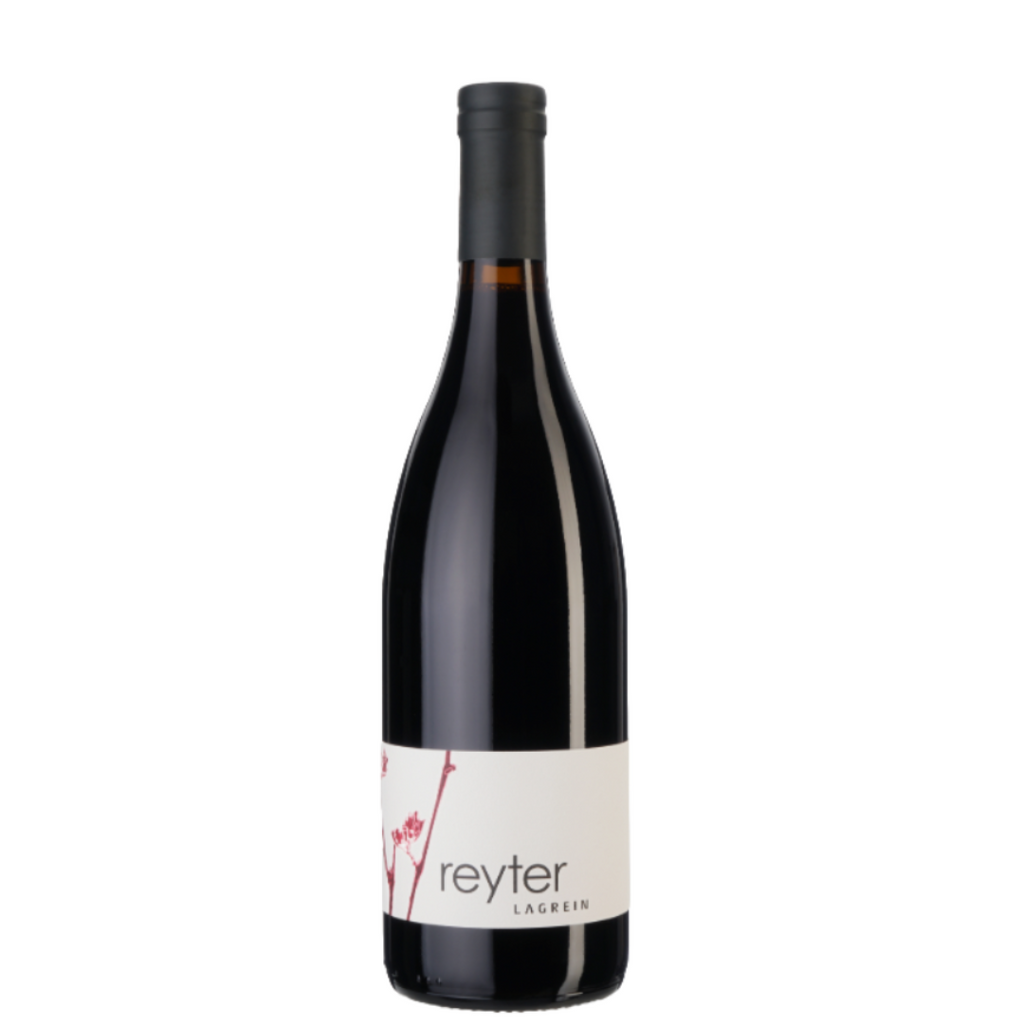A bottle of Rieker Redsbank dry red wine with a white label featuring a pink stylized 'R' logo, set against a plain white background.