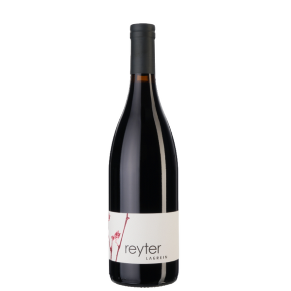 A bottle of Rieker Redsbank dry red wine with a white label featuring a pink stylized 'R' logo, set against a plain white background.