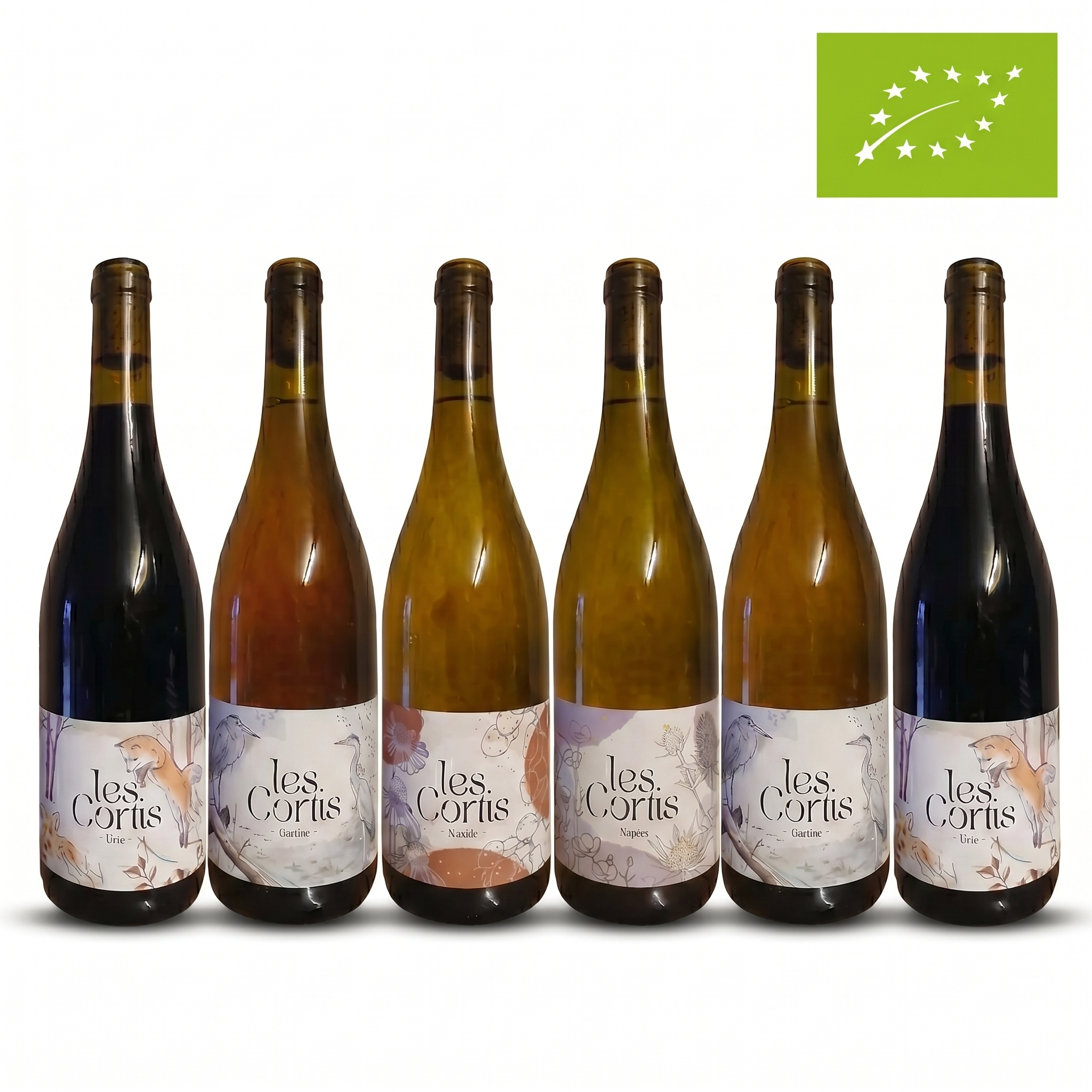 Six bottles of 'les Cortis' wine with labels on a white background, featuring an organic certification logo.