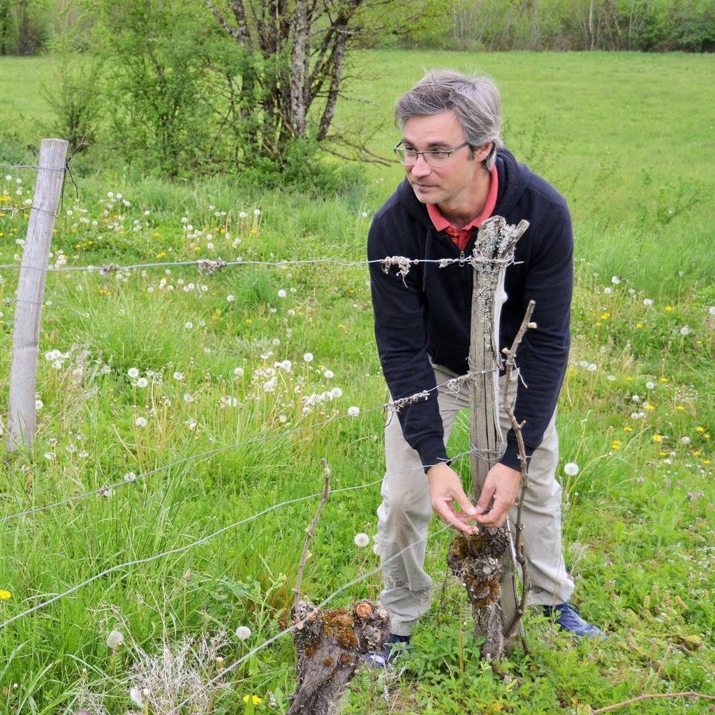 Jeremy Descoter working on a barbed wire fence in a grassy field