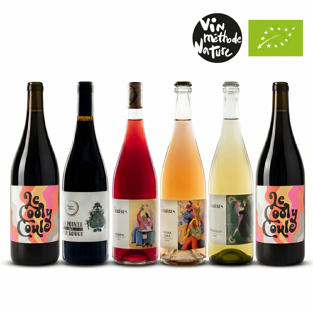 Six bottles of wine with colorful labels on a white background, featuring the 'Vin Naturel' logo.