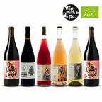 Six bottles of wine with colorful labels on a white background, featuring the 'Vin Naturel' logo.