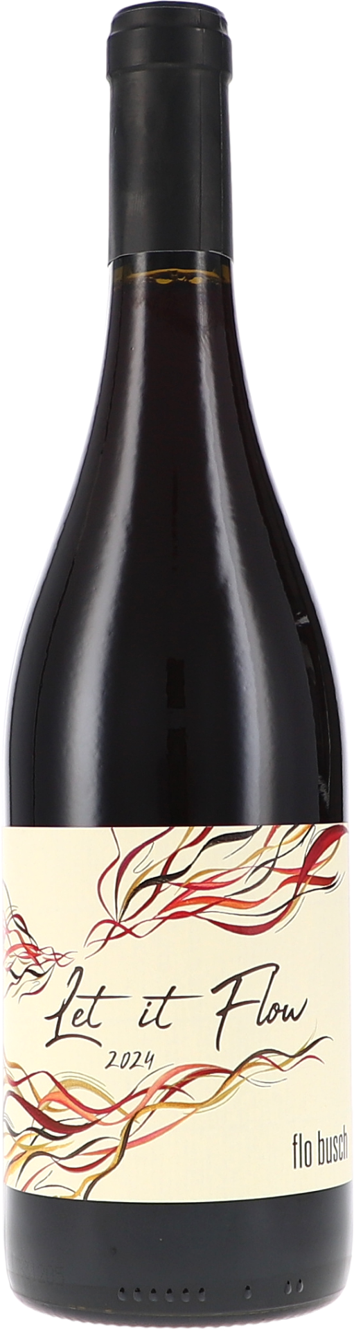 Red wine bottle with a decorative label on a white background from  from Domaine FloBusch