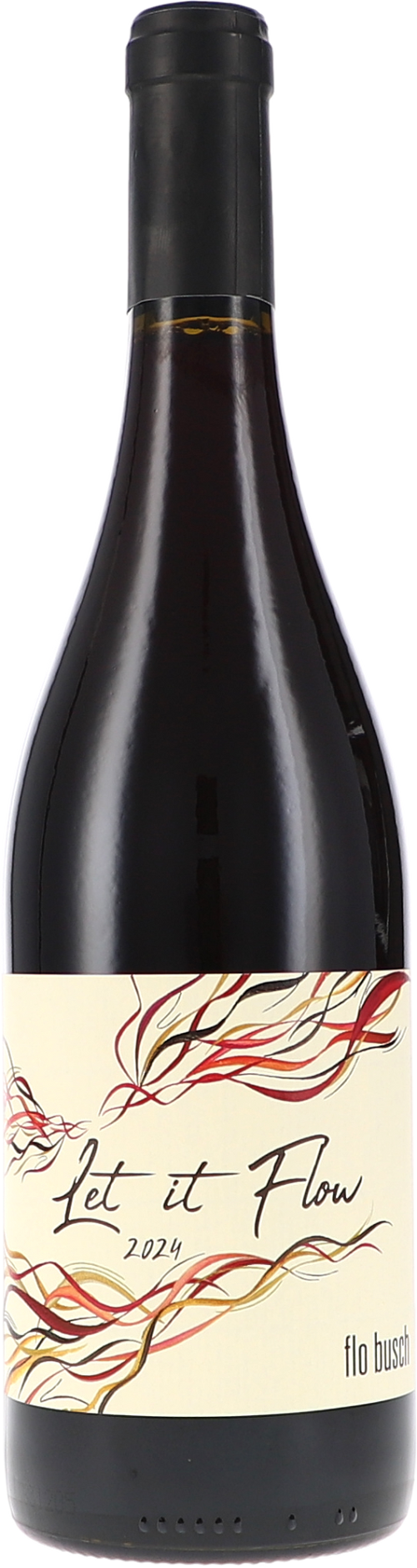 Red wine bottle with a decorative label on a white background from  from Domaine FloBusch
