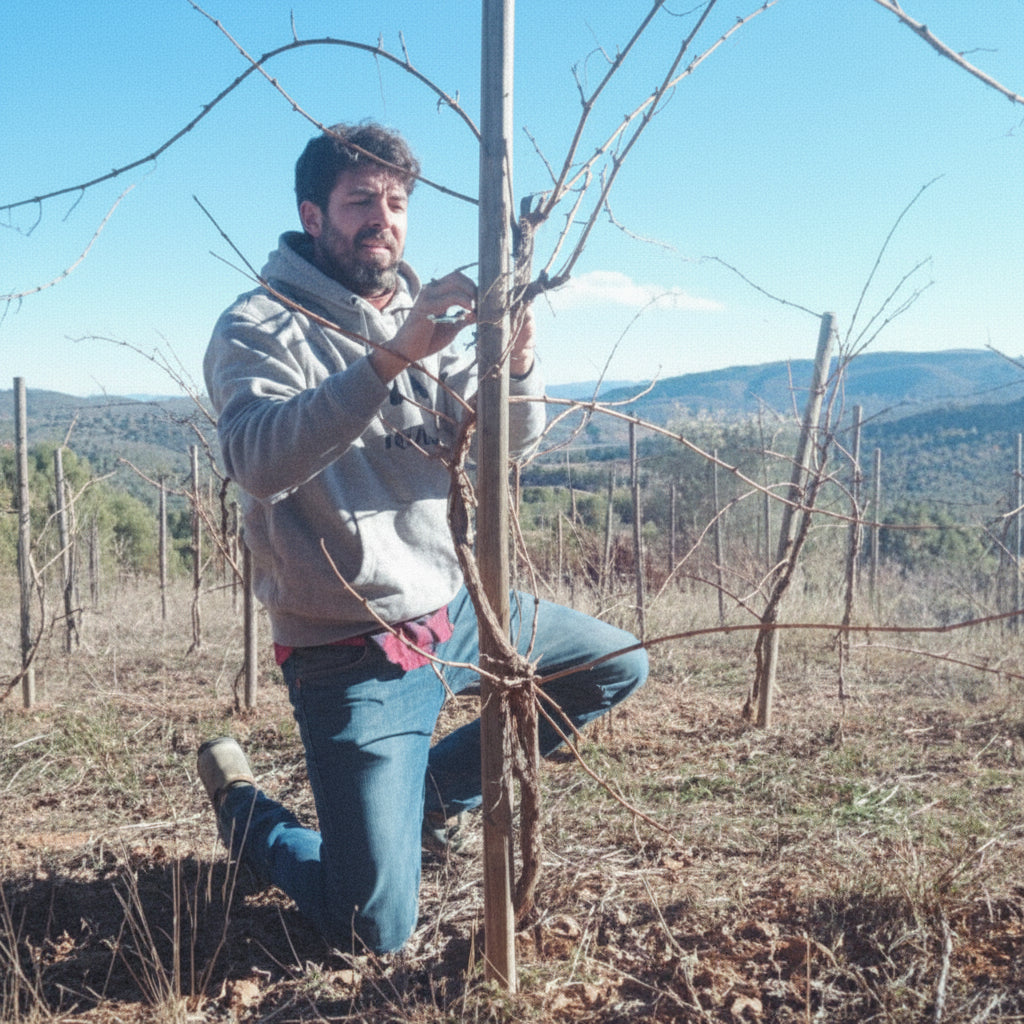 Lluís Arias working with a fence in an open field with mountains in the background