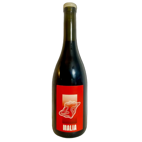 Bottle of Malia wine with a red label on a white background