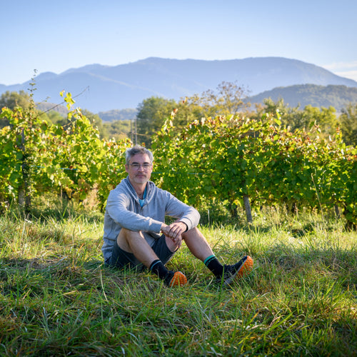 Portrait Jeremy Decoster from Domain Les cortis sitting in a vineyard with mountains in the background