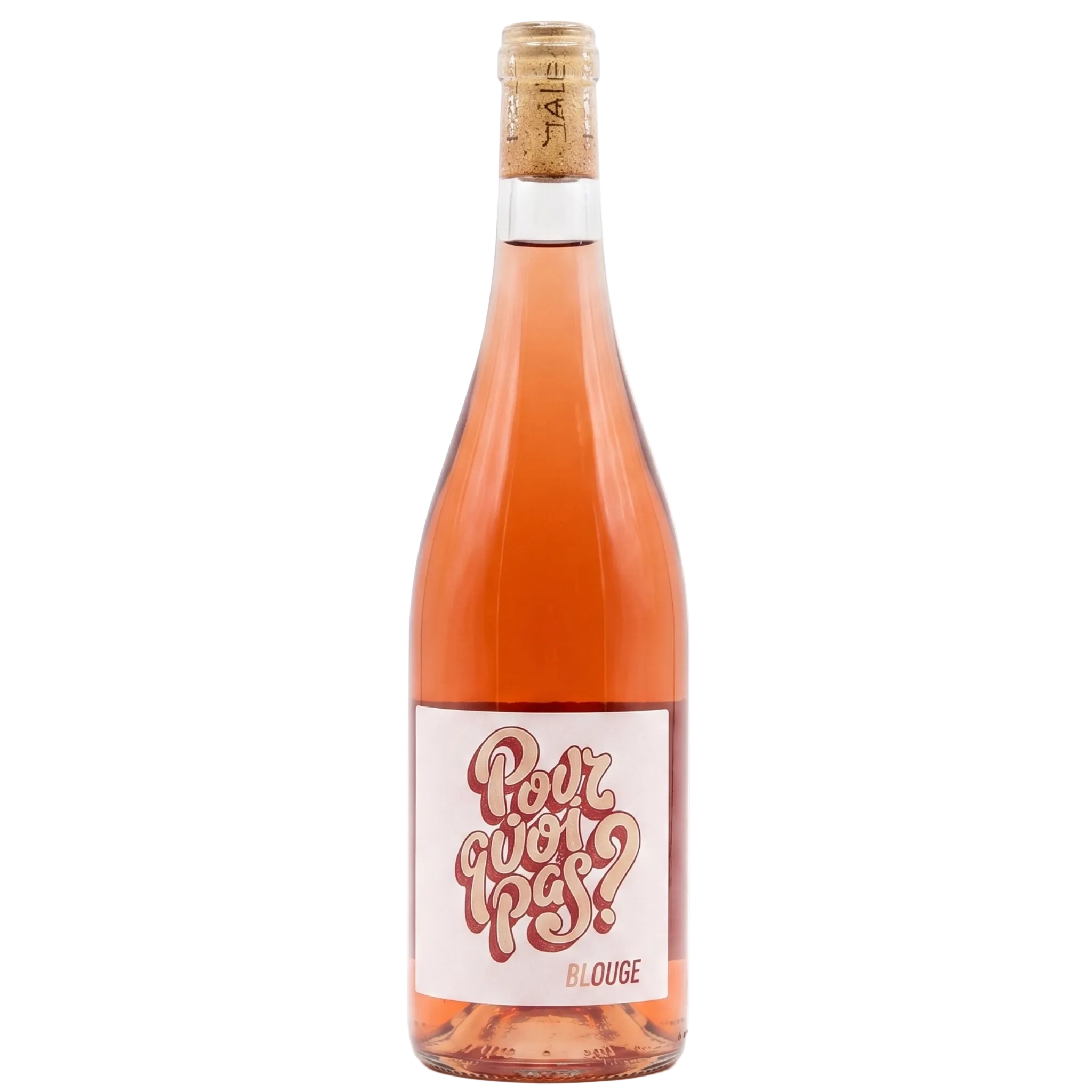 A bottle of Blouge wine with a pinkish-amber liquid, featuring a white label with red text that reads 'Pour un Pip? LOUGE' and a cork stopper, set against a plain white background.
