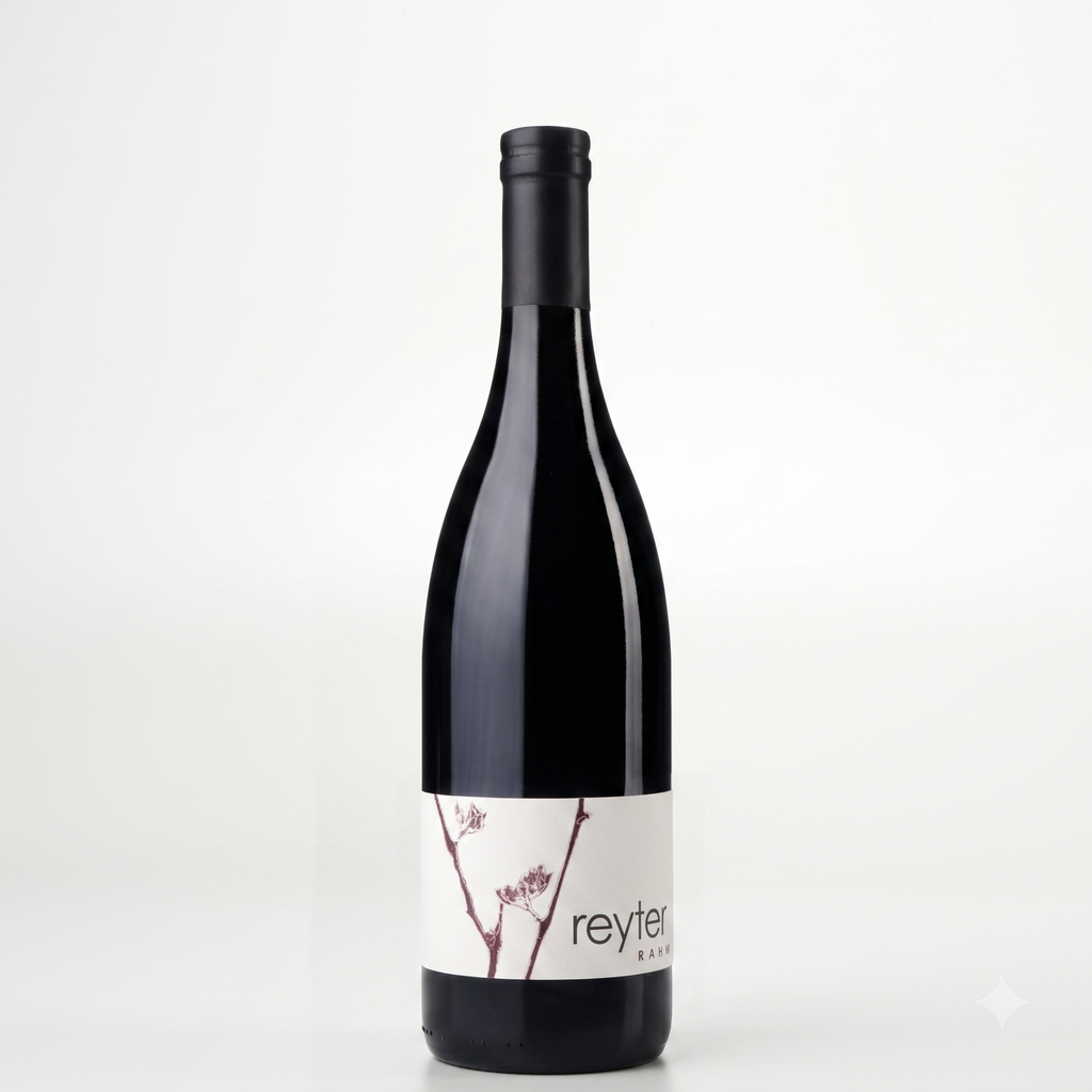 A single dark glass wine bottle with a black capsule and a white label featuring cherry blossom branches and the brand name 'reyter', photographed against a clean white background.