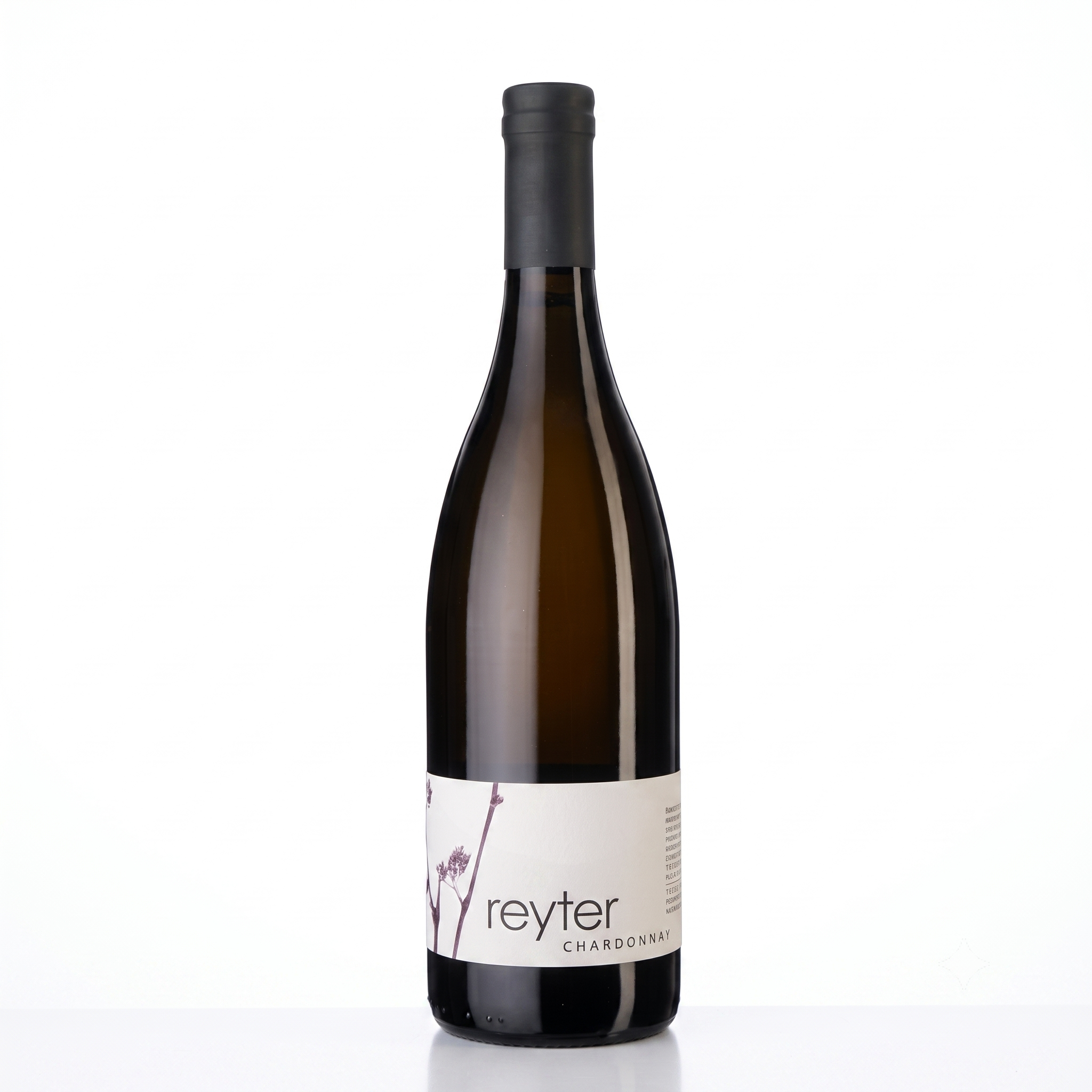 A bottle of Reyter Chardonnay non-alcoholic white wine, featuring an amber glass bottle, a black screw cap, and a minimalist white label with purple floral accents, set against a plain white background.