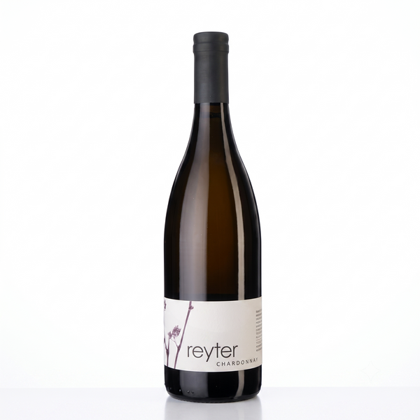 A bottle of Reyter Chardonnay non-alcoholic white wine, featuring an amber glass bottle, a black screw cap, and a minimalist white label with purple floral accents, set against a plain white background.