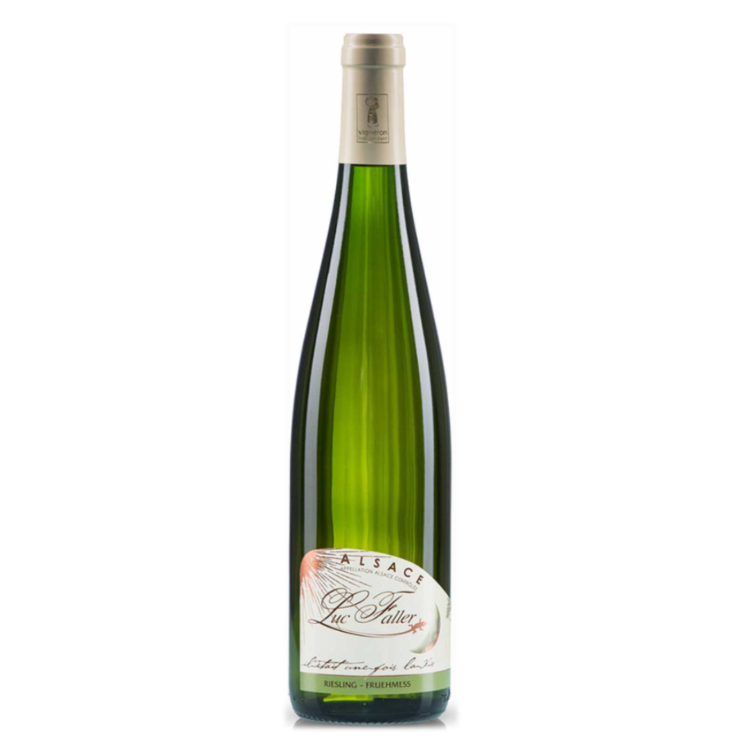 Green wine bottle of Riesling Fruehmess — 2020 with a label on a white background