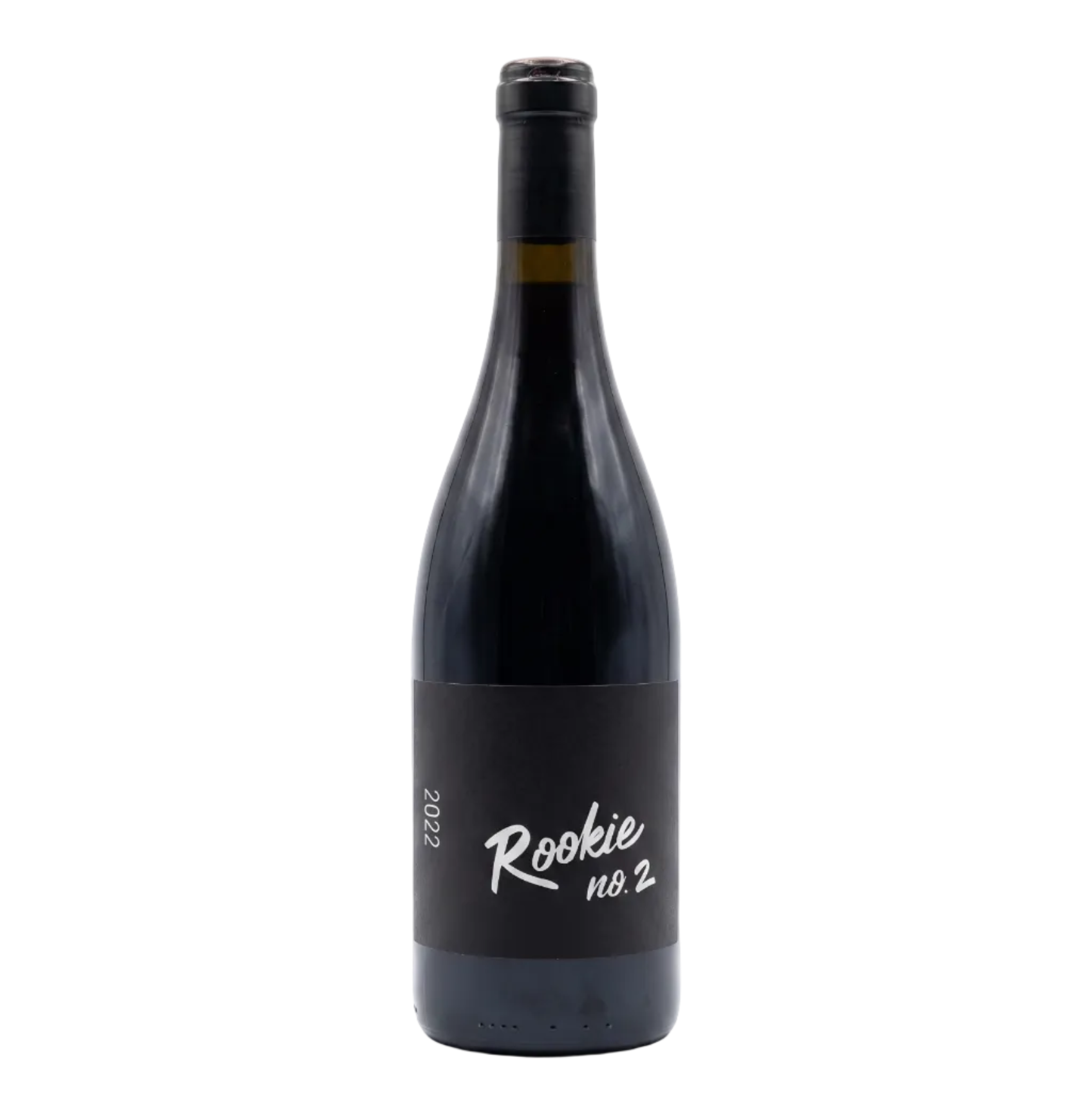 A dark glass wine bottle with a black label reading 'Rookie no. 2 2022' on a clean white background.