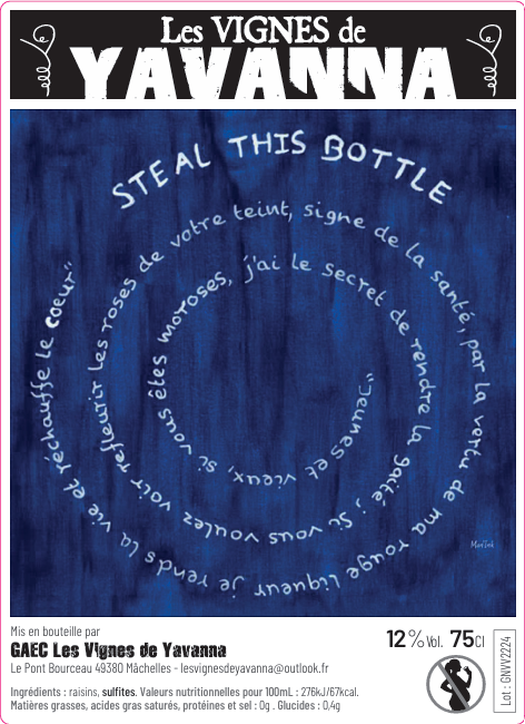 Label of Steal This Bottle, old-vine Grolleau Noir by Les Vignes de Yavanna, Anjou