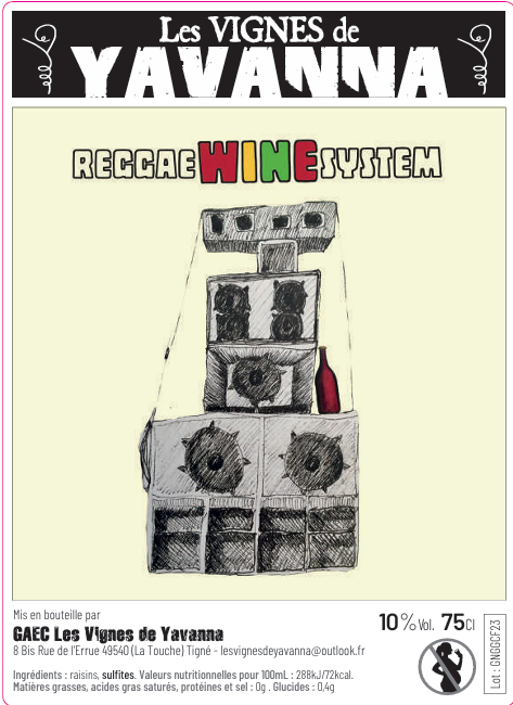 Label of Reggae Wine System 2023, light red by Les Vignes de Yavanna, Anjou