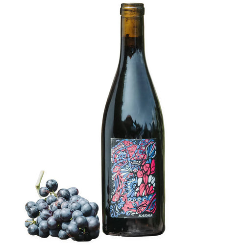 Karma Noir 2023 red wine bottle with colorful label beside a cluster of dark grapes.