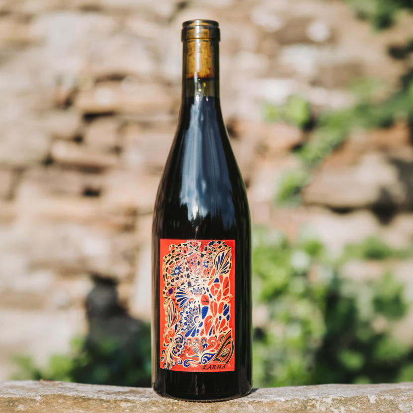 Wine bottle with a colorful label on a wooden surface with a blurred natural background