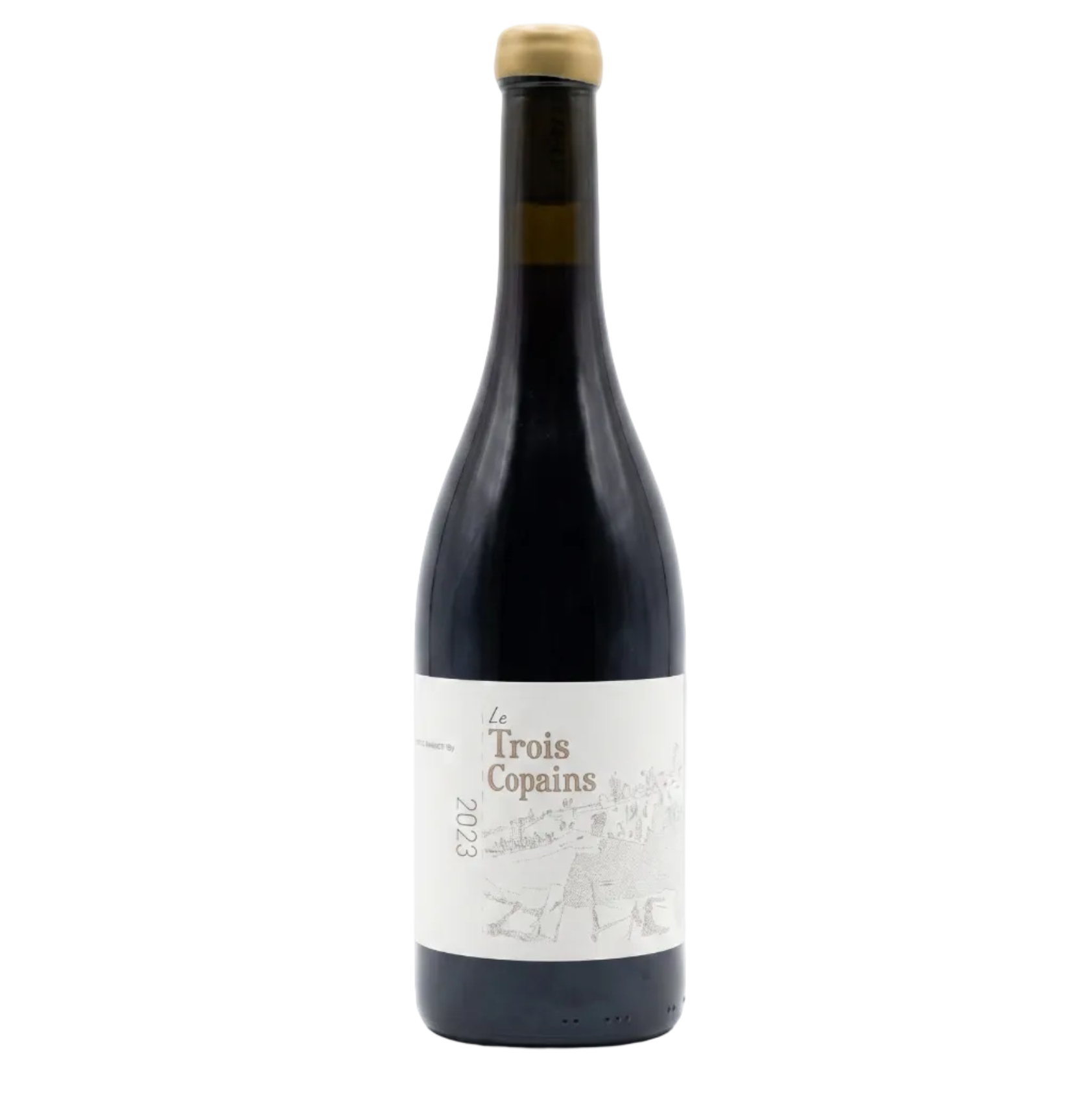 A bottle of Trois Copains 2023 red wine, featuring a dark glass bottle with a cream-colored label and a gold foil cap, set against a plain white background.